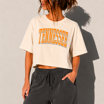 Tennessee Vintage Arch Boxy Cropped Graphic Tee | Ivory Mid-Length College Style Shirt