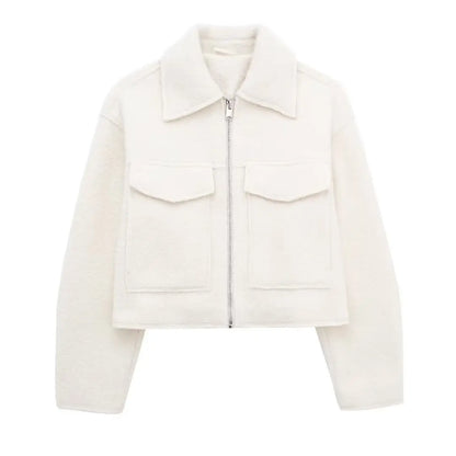 DUOPERI Women Fashion Winter Autumn Fleece Cropped Jacket Lapel Collar Long Sleeves Female Chic Lady Casual Short Outwear